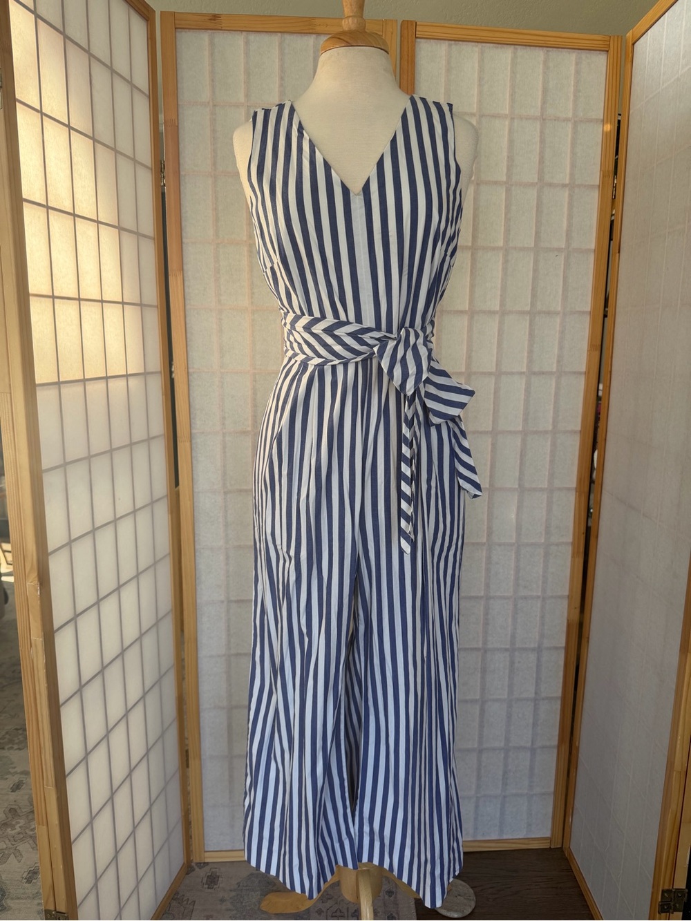 J. Crew Navy and White Vertical Stripe Sleeveless Jumpsuit with Tie Waist